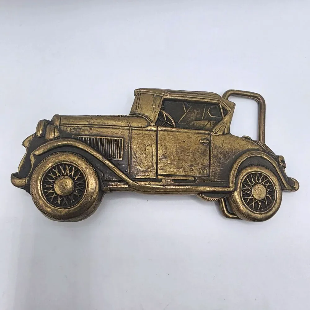Vintage AJ Dezy 0713 Antique Roadster Car Belt Buckle Brass Tone 1970s